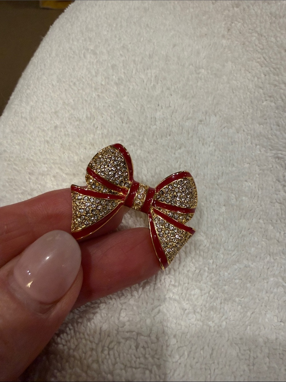 Talbots Gold-Tone Bow Brooch with Red Enamel & Crystals